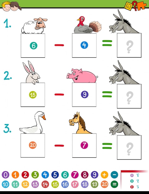 Juego de resta matemática con animales de granja