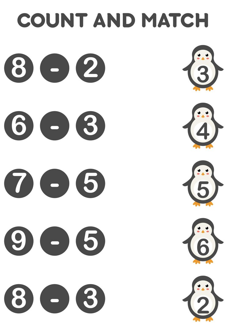 Vector juego de resta matemática para que los niños cuenten y combinen con lindas hojas de trabajo imprimibles de pingüinos