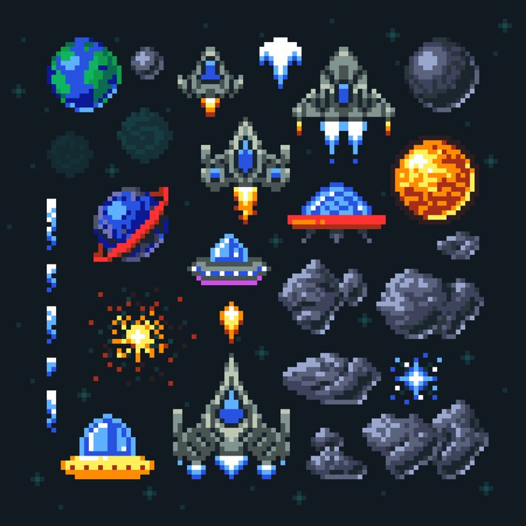 Vector juego retro arcade espacio elementos de pixel.