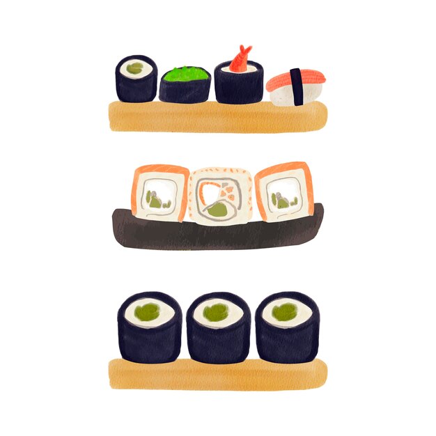 Juego de rollos de acuarela plato con algas chuka de atún salmón comida asiática japonesa sublimación elemento de diseño aislado ilustración dibujada a mano para el menú del restaurante