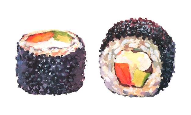 Juego de rollos dibujados a mano con acuarela, sushi asahi maki. Comida japonesa, aislada sobre fondo blanco.