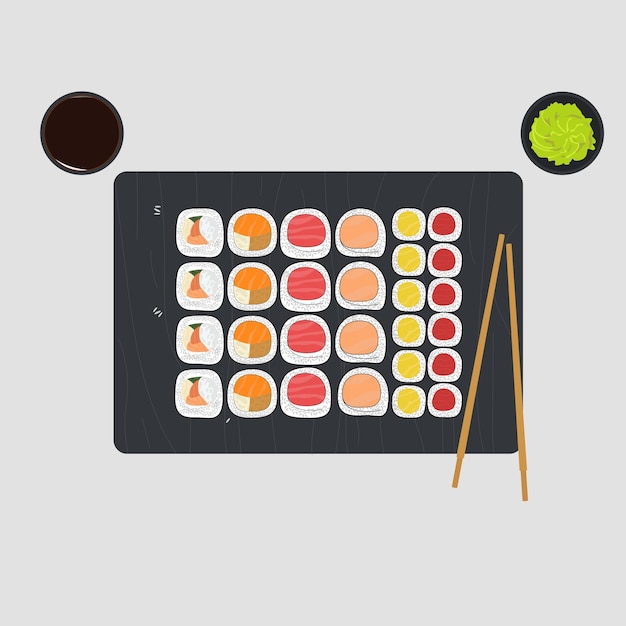 Juego de rollos. Sushi. Ilustración vectorial plana