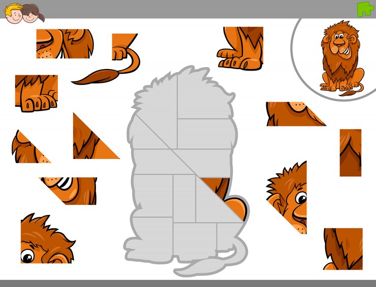 Vector juego de rompecabezas con animal león