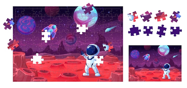 Juego de rompecabezas de astronauta de dibujos animados en el planeta