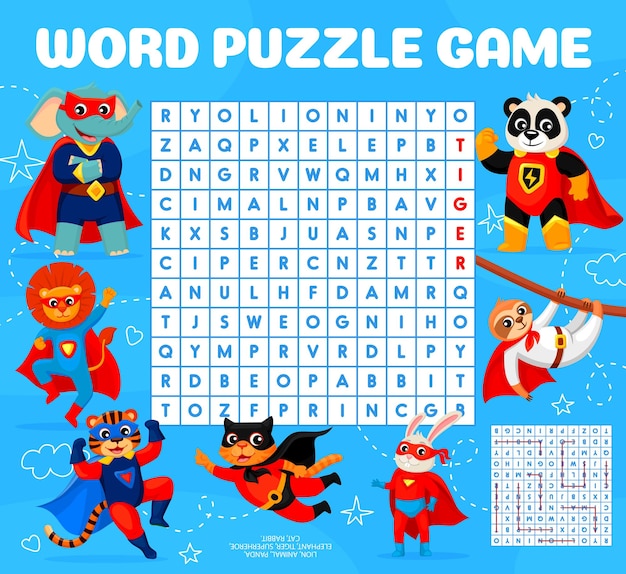 Juego de rompecabezas de búsqueda de palabras animales de dibujos animados de superhéroes