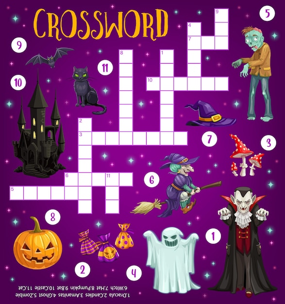 Juego de rompecabezas de cuadrícula de crucigramas de halloween con monstruos