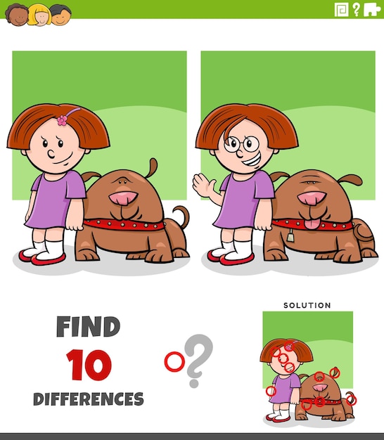juego de rompecabezas de diferencias con la chica de dibujos animados y su perro