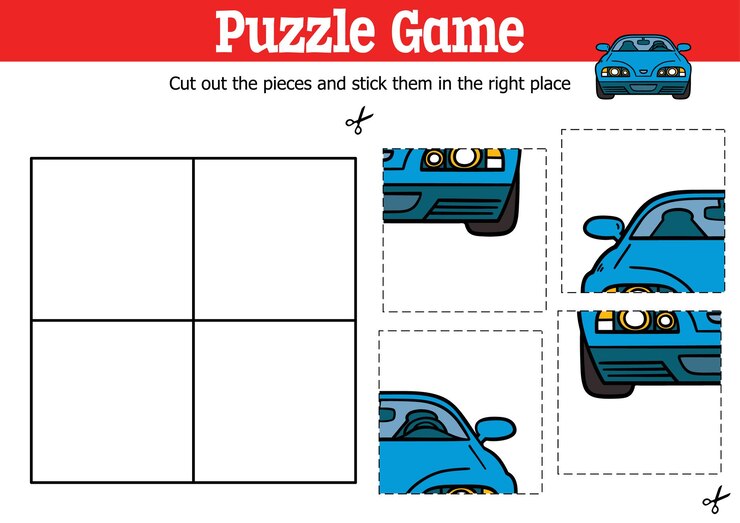 Vector juego de rompecabezas educativo para niños para cortar y pegar piezas con un coche de dibujos animados