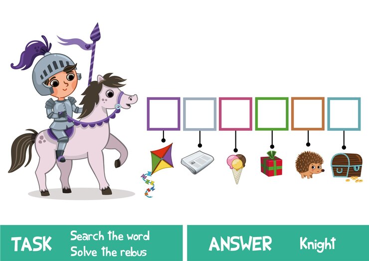 Vector juego de rompecabezas educativo para niños encuentra la palabra oculta ilustración vectorial knight