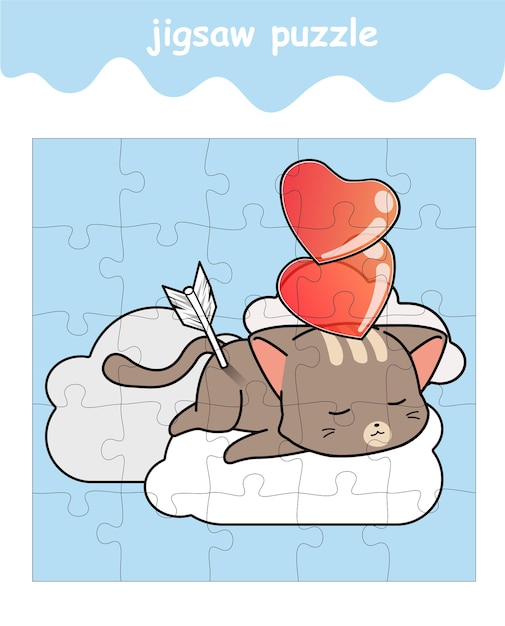 Juego de rompecabezas de gato en la nube con dibujos animados de corazones