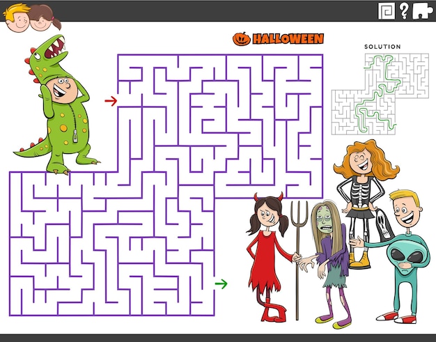 Juego de rompecabezas de laberinto de dibujos animados con niños en la fiesta de Halloween