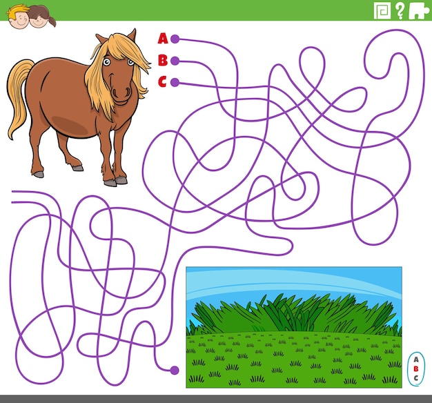 Juego de rompecabezas de laberinto de líneas con carácter animal de granja de caballos cómicos y pasto