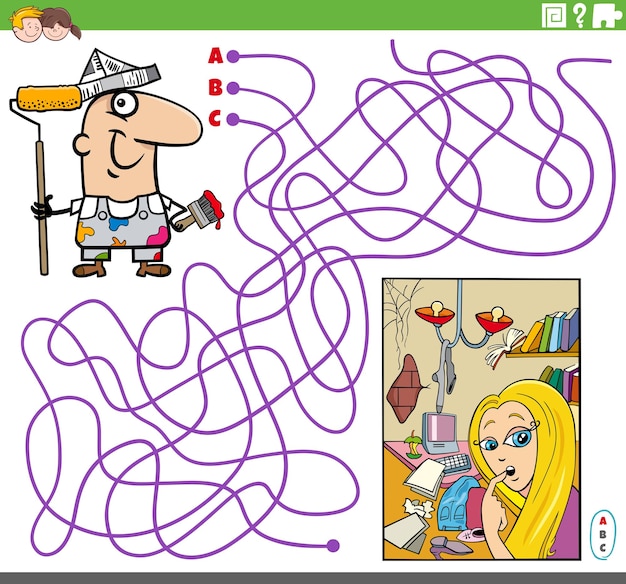 Juego de rompecabezas de laberinto de líneas con personaje de pintor y apartamento para renovación