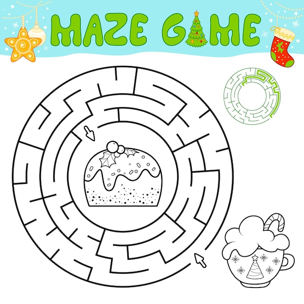 Juego de rompecabezas de laberinto de Navidad en blanco y negro para niños. Esquema de círculo laberinto o juego de laberinto con pastel de Navidad.