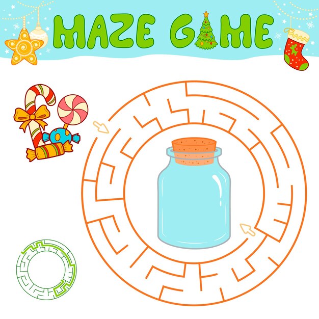 Juego de rompecabezas de laberinto navideño para niños. Círculo de laberinto o juego de laberinto con dulces navideños.