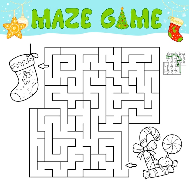 Juego de rompecabezas de laberinto navideño para niños. Esquema de laberinto o juego de laberinto con calcetín de Navidad.