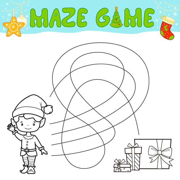 Juego de rompecabezas de laberinto navideño para niños. Esquema laberinto o laberinto. Encuentra un juego de camino con elfo de niño de navidad.