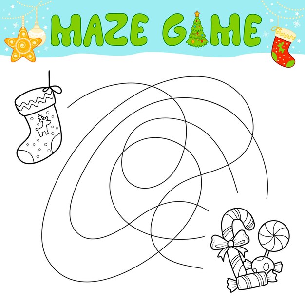 Juego de rompecabezas de laberinto navideño para niños. Esquema laberinto o laberinto. Encuentra el juego de ruta con calcetín navideño.