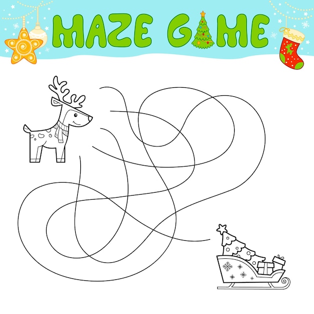 Juego de rompecabezas de laberinto navideño para niños. Esquema laberinto o laberinto. Encuentra un juego de ruta con trineo navideño y renos.