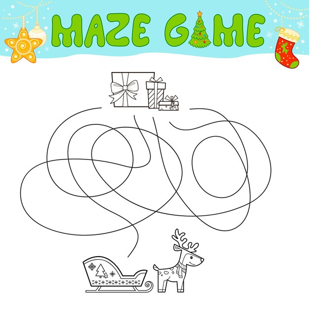 Juego de rompecabezas de laberinto navideño para niños. Esquema laberinto o laberinto. Encuentra el juego de ruta con trineo navideño.