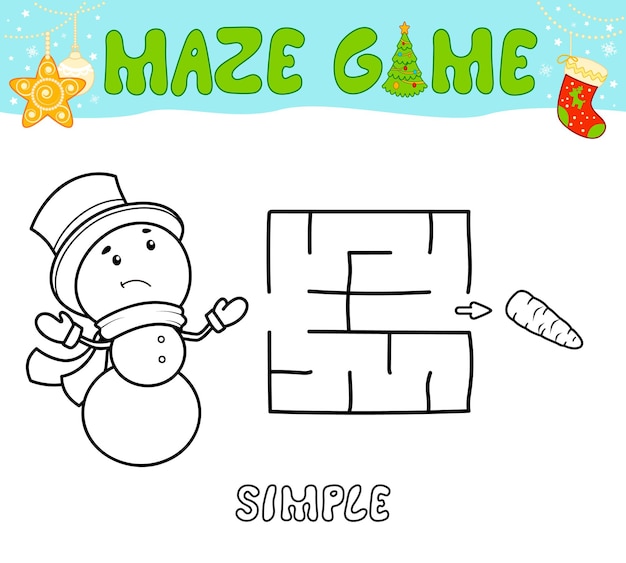 Juego de rompecabezas de laberinto navideño para niños. Laberinto de contorno simple o juego de laberinto con muñeco de nieve navideño.