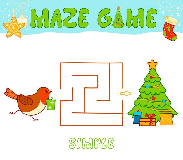 Juego de rompecabezas de laberinto navideño para niños. laberinto simple o juego de laberinto con christmas bird.