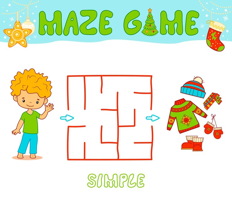 Vector juego de rompecabezas de laberinto navideño para niños. laberinto simple o juego de laberinto con niño de navidad.