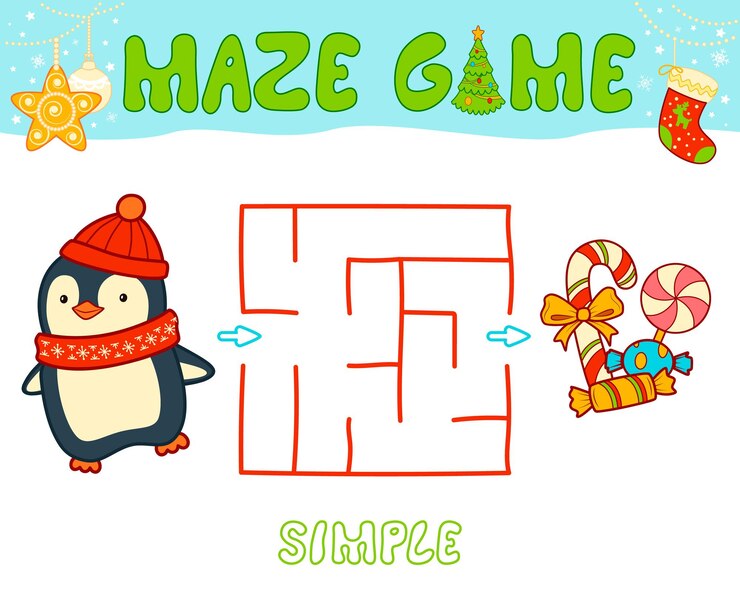 Vector juego de rompecabezas de laberinto navideño para niños. laberinto simple o juego de laberinto con pingüino de navidad.