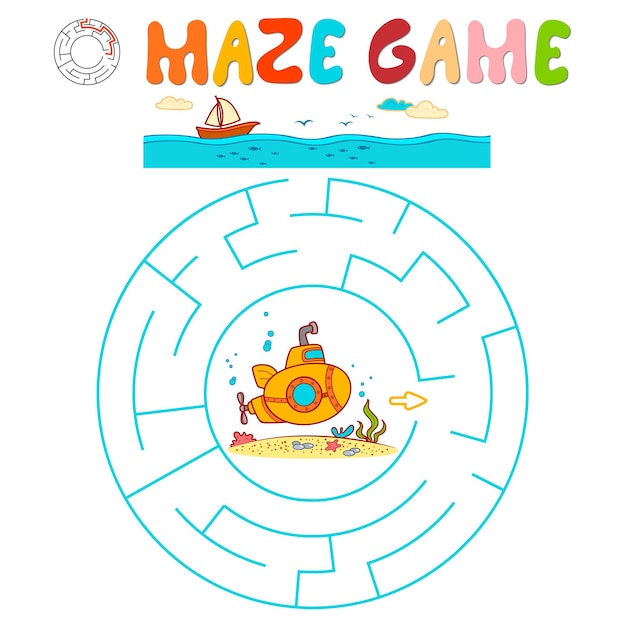 Juego de rompecabezas laberinto para niños. Círculo de laberinto o juego de laberinto con submarino.