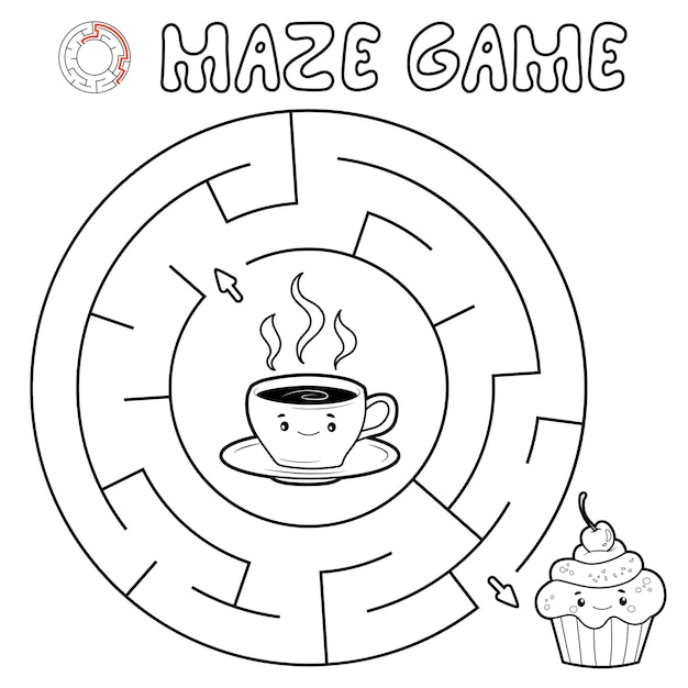 Juego de rompecabezas laberinto para niños. Esquema de círculo laberinto o juego de laberinto con pastel y té.
