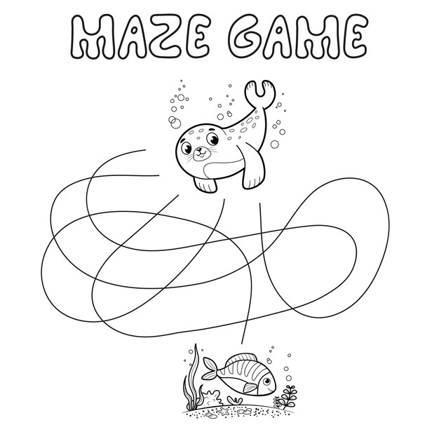 Juego de rompecabezas laberinto para niños. Esquema laberinto o laberinto. Encuentra un juego de camino con foca.