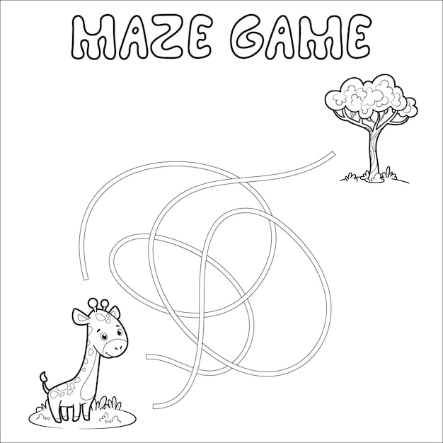 Juego de rompecabezas laberinto para niños. Esquema laberinto o laberinto. Encuentra el juego de ruta con jirafa. Ilustraciones vectoriales