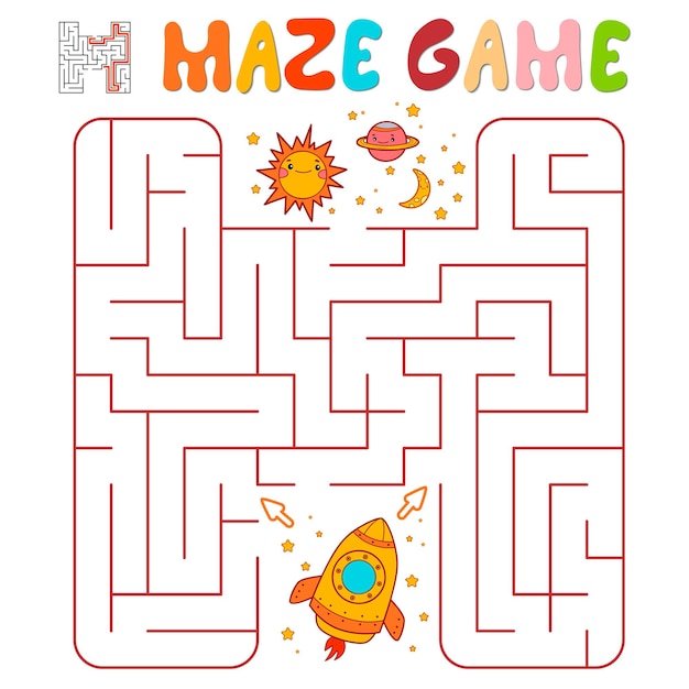 Juego de rompecabezas laberinto para niños. Laberinto o juego de laberinto con cohete. Ilustraciones vectoriales