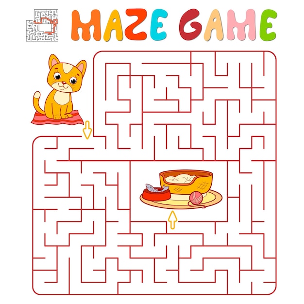 Juego de rompecabezas laberinto para niños. Laberinto o juego de laberinto con gato. Ilustraciones vectoriales