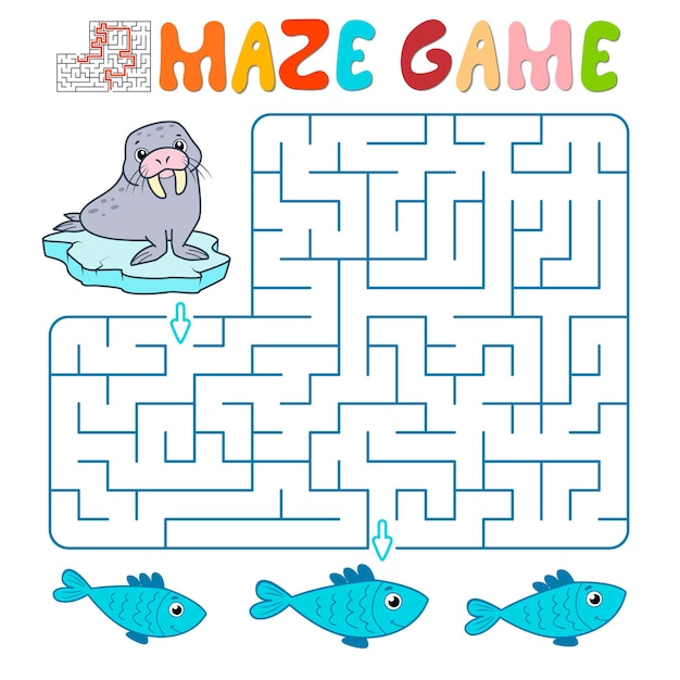 Juego de rompecabezas laberinto para niños. Laberinto o juego de laberinto con morsa. Ilustraciones vectoriales