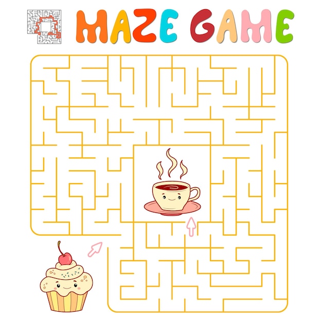 Juego de rompecabezas laberinto para niños. Laberinto o juego de laberinto con tarta y té. Ilustraciones vectoriales