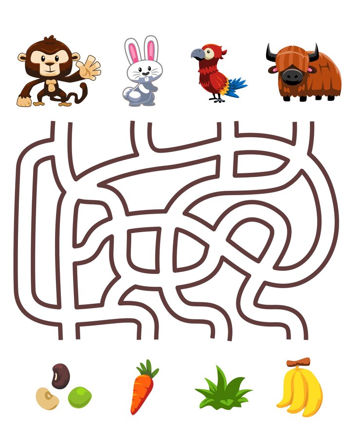 Vector juego de rompecabezas de laberinto para niños par de dibujos animados lindo mono conejo loro yak con la hoja de trabajo imprimible de comida correcta