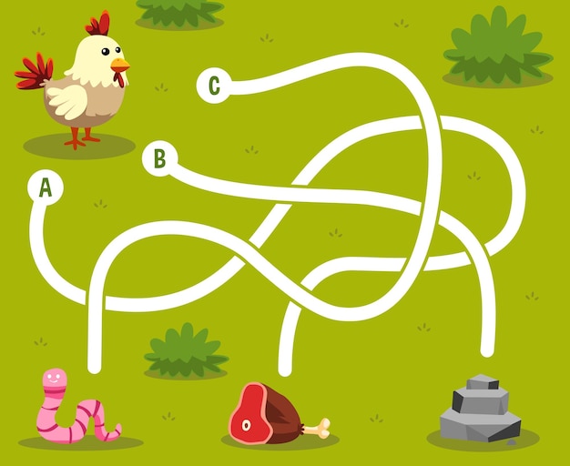 Juego de rompecabezas de laberinto para niños con pollo de animal de dibujos animados lindo que busca la hoja de trabajo imprimible de carne de gusano de comida correcta o piedra