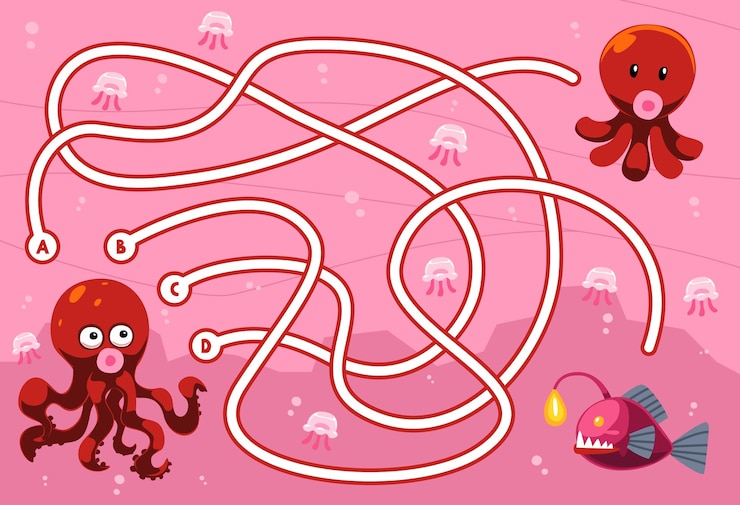 Vector juego de rompecabezas de laberinto para niños con pulpo de dibujos animados lindo y hoja de trabajo subacuática imprimible de peces