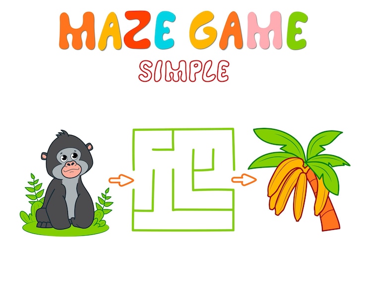 Vector juego de rompecabezas de laberinto simple para niños. color simple laberinto o juego de laberinto con gorila. mono y plátanos