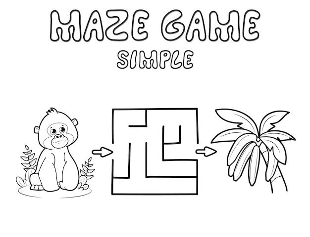 Juego de rompecabezas de laberinto simple para niños. Esquema simple laberinto o juego de laberinto con gorila. Mono y plátanos ilustraciones vectoriales