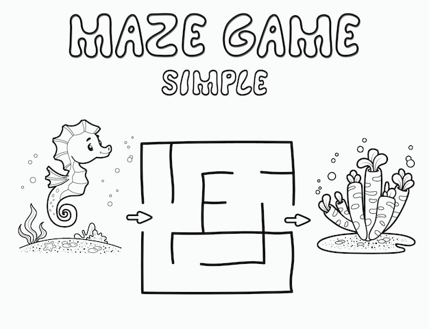Juego de rompecabezas de laberinto simple para niños. Esquema simple laberinto o juego de laberinto con Sea Horse. Ilustraciones vectoriales