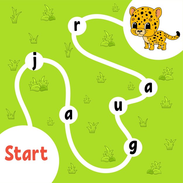 Juego de rompecabezas de lógica. jaguar manchado. aprendiendo palabras para niños. encuentra el nombre oculto. hoja de trabajo de desarrollo de educación. página de actividad