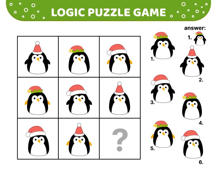 Vector juego de rompecabezas lógico con pingüinos con sombreros navideños squishmallow para niños dibujos animados kawaii vectoriales eps 10