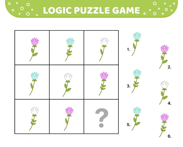 Juego de rompecabezas lógicos juego floral flores azules blancas y púrpuras para niños eps vectorial de dibujos animados 10