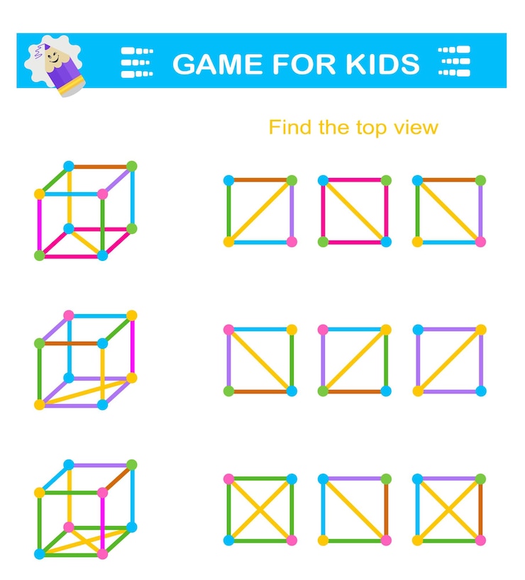 Vector juego de rompecabezas lógicos tareas de atención para niños necesidad de encontrar la vista superior correcta pruebas de entrenamiento de coeficiente intelectual