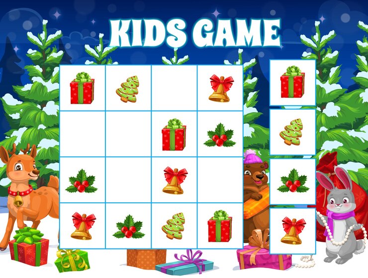 Vector juego de rompecabezas navideño infantil con animales bebés