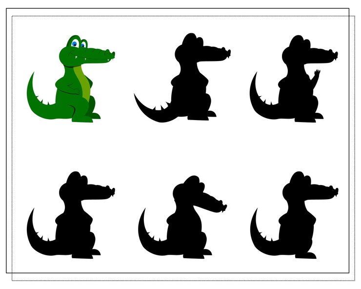 Vector un juego de rompecabezas para niños en edad preescolar: encuentre la sombra correcta cocodrilo de dibujos animados silueta