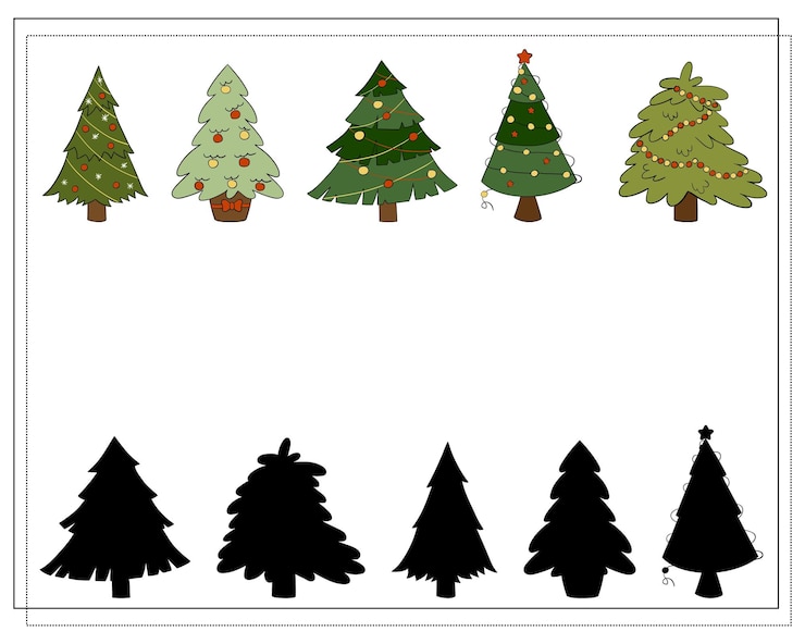 Vector un juego de rompecabezas para niños encuentra la sombra correcta cartoon christmas tree