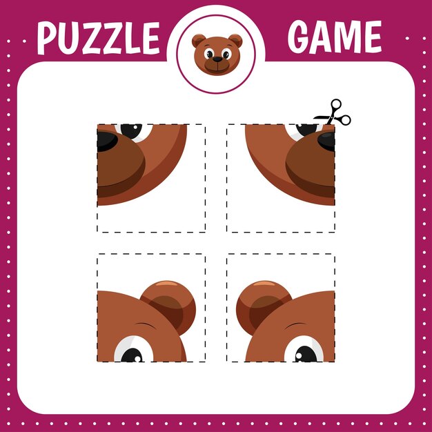 Juego de rompecabezas para niños Hoja de trabajo de desarrollo educativo Práctica de corte Página de actividad Personaje de dibujos animados Oso